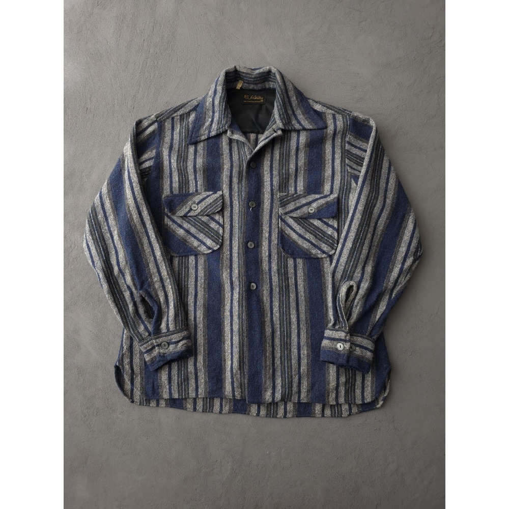 Vintage 1970s Sir Walter Wool Blend Striped Button-Up Flannel Shirt Blue M